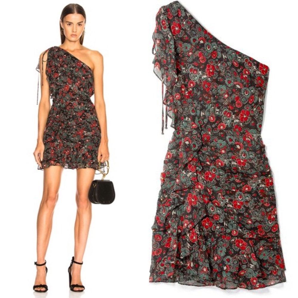 Veronica Beard Red and Black One Shoulder Dress